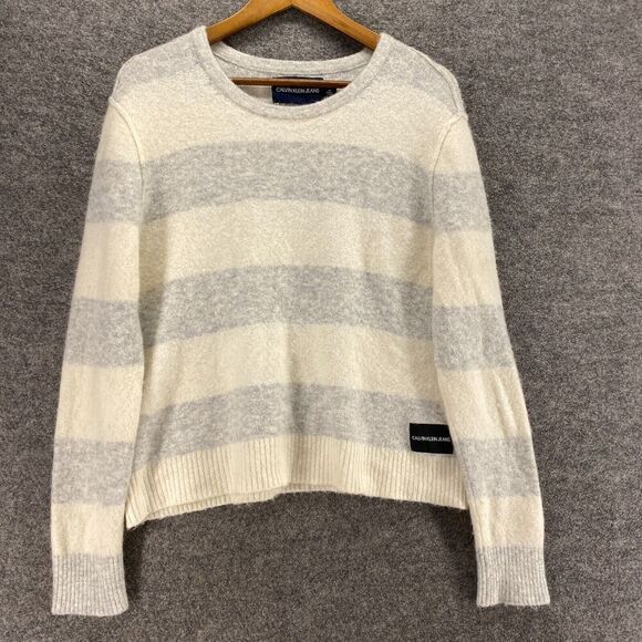 Calvin Klein Sweater Pullover Women L Large White Striped Knit Alpaca Casual - Picture 1 of 9